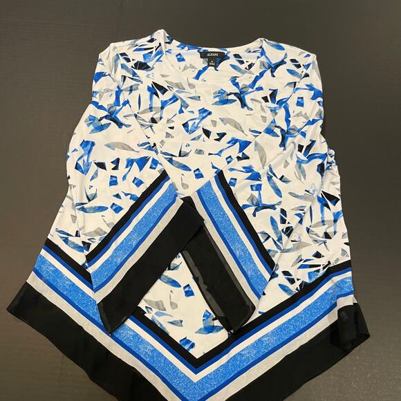 Alfani women's blouse PL Cobalt Broken Mirror Print Bell Sleeve handkerchief - Picture 3 of 16